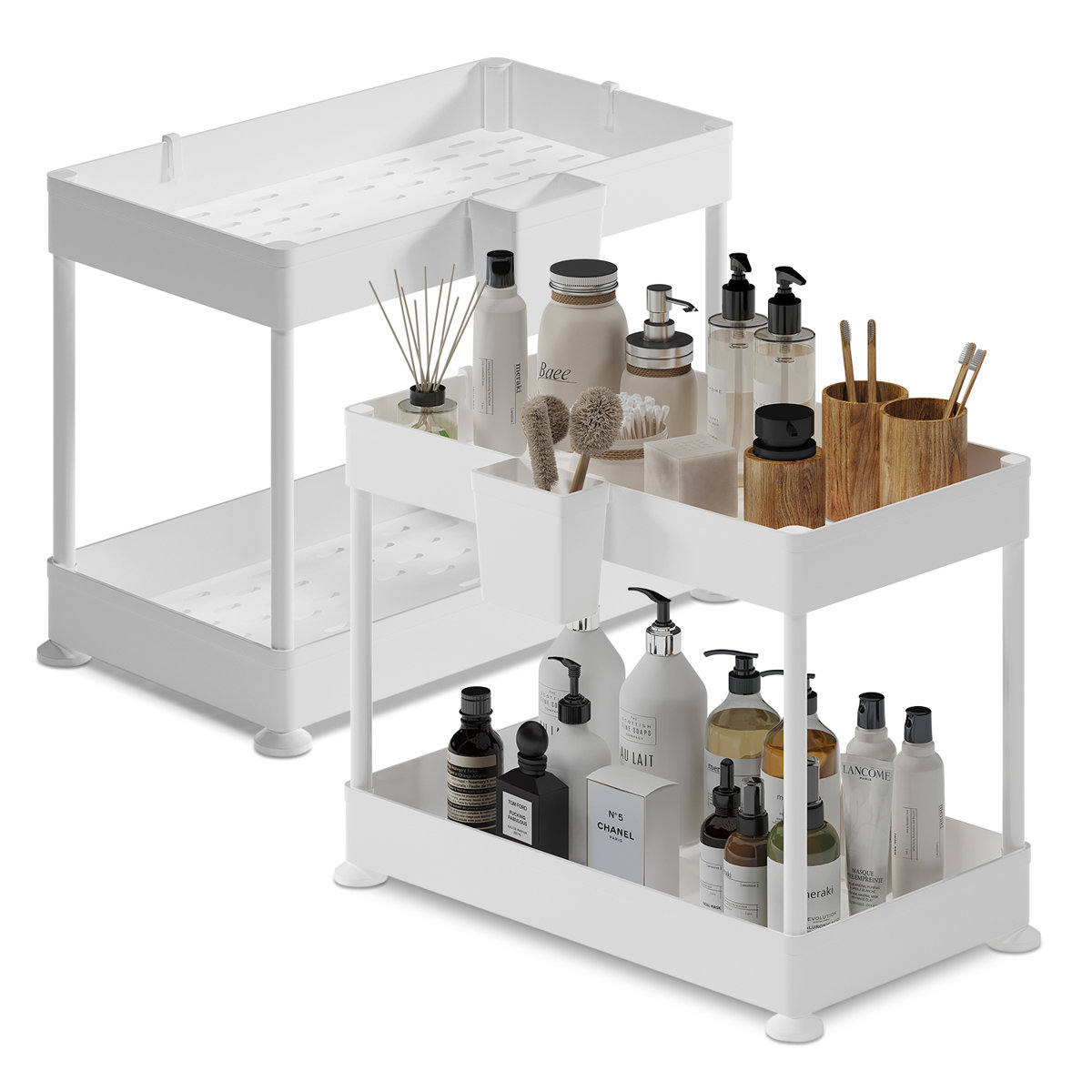 StorageBud Non-Slip Grip Kitchen Under Sink Organizer - Bathroom Cabinet Organizer with Side Caddy (Set of 2)